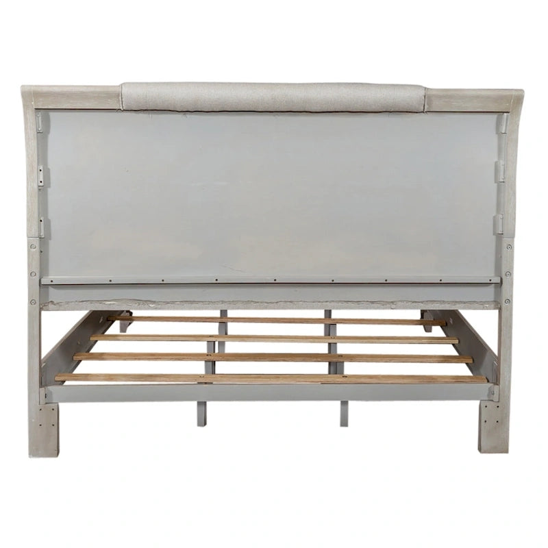King Size Upholstered Bed with Linen Headboard, Rubberwood Frame & Two-Tone Washed Taupe Finish