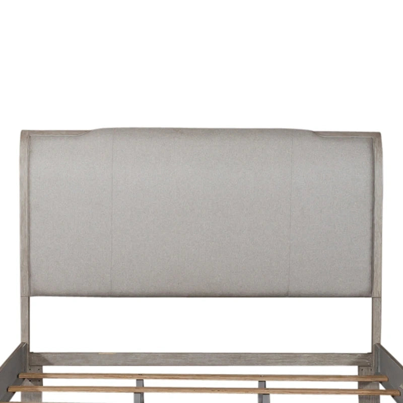 King Size Upholstered Bed with Linen Headboard, Rubberwood Frame & Two-Tone Washed Taupe Finish