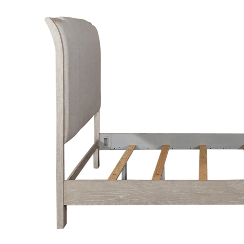King Size Upholstered Bed with Linen Headboard, Rubberwood Frame & Two-Tone Washed Taupe Finish