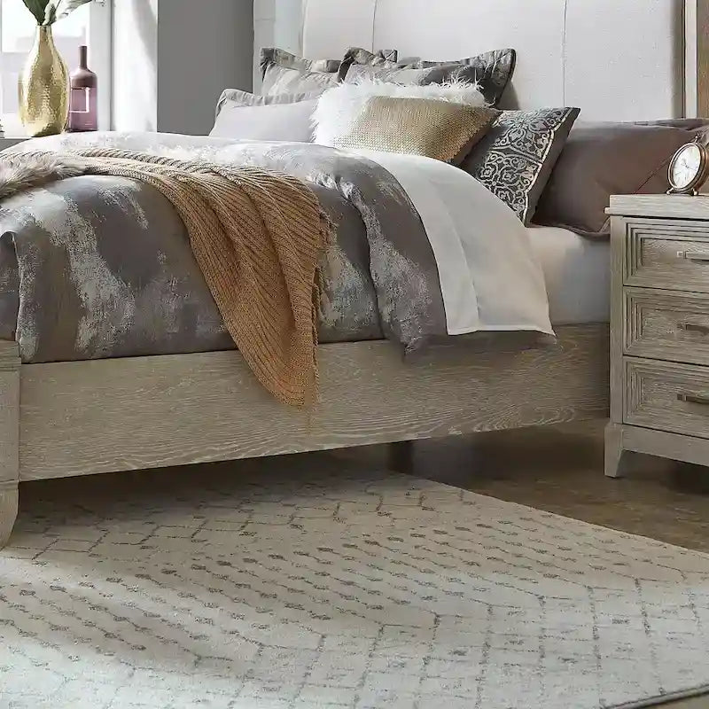 King Size Upholstered Bed with Linen Headboard, Rubberwood Frame & Two-Tone Washed Taupe Finish