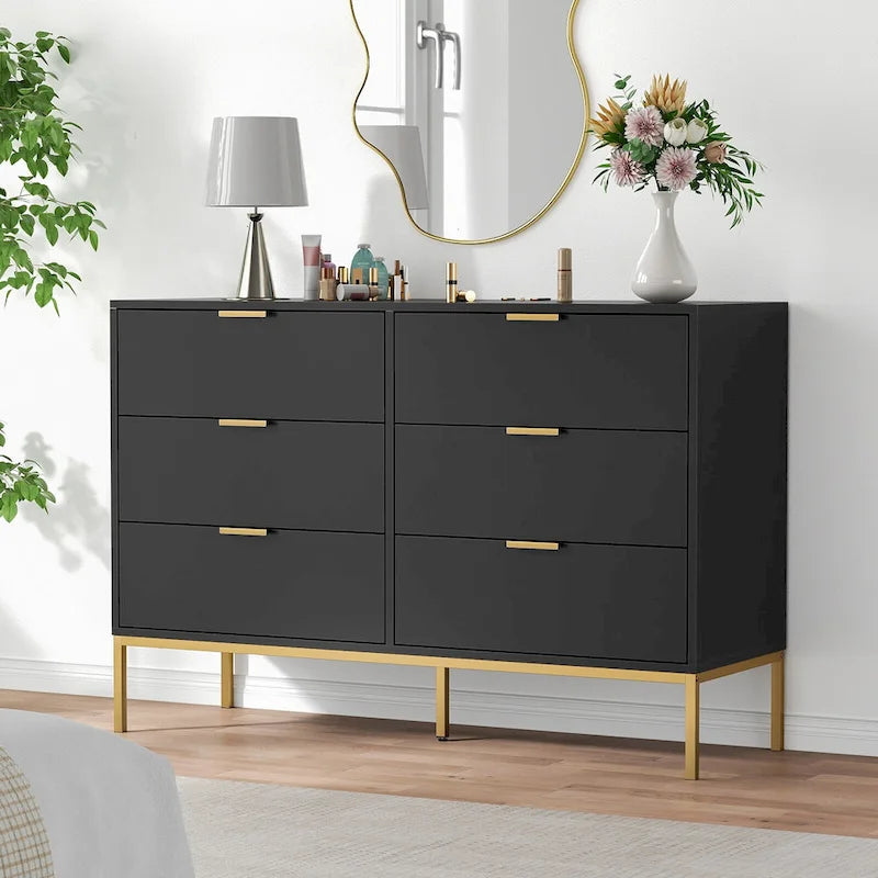 Modern 6-Drawer Dresser with Gold Metal Legs & Handles, Black Particle Board, 47" Wide Storage Chest