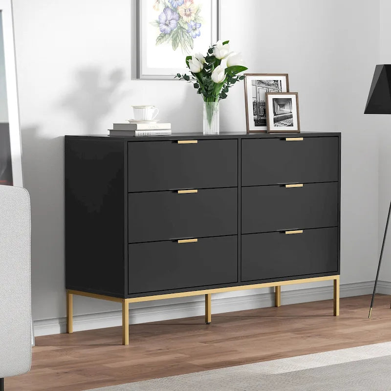 Modern 6-Drawer Dresser with Gold Metal Legs & Handles, Black Particle Board, 47" Wide Storage Chest
