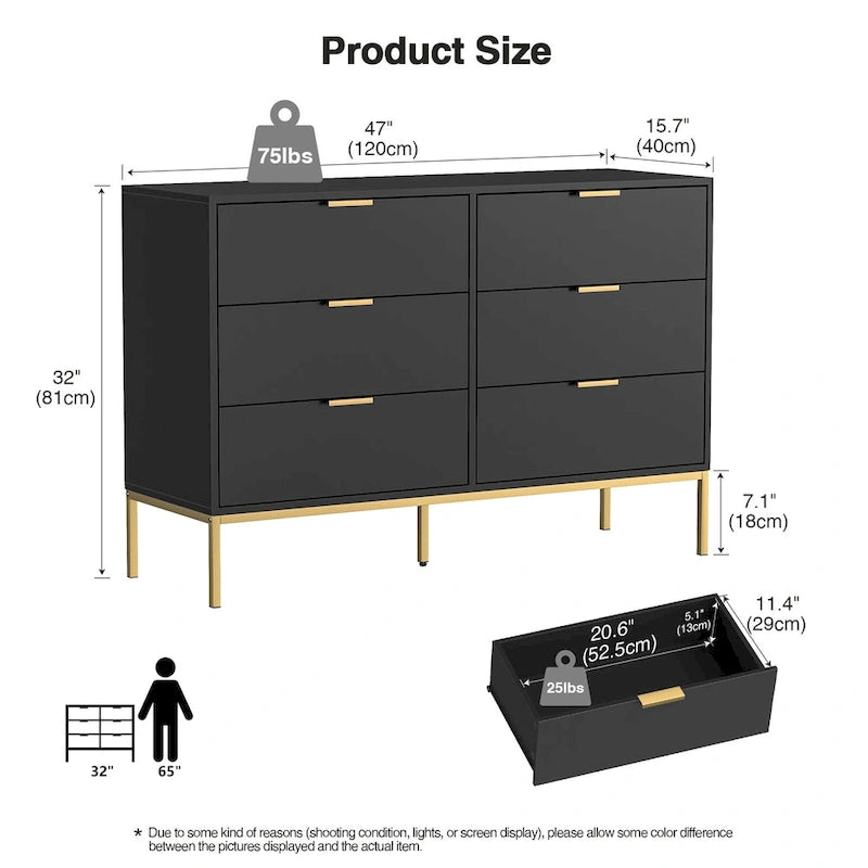 Modern 6-Drawer Dresser with Gold Metal Legs & Handles, Black Particle Board, 47" Wide Storage Chest