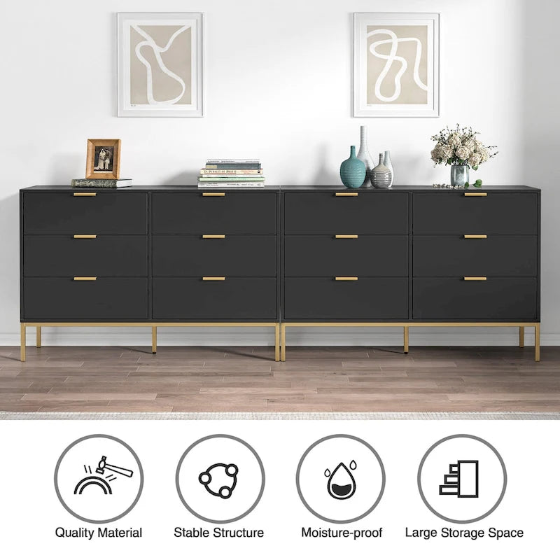 Modern 6-Drawer Dresser with Gold Metal Legs & Handles, Black Particle Board, 47" Wide Storage Chest