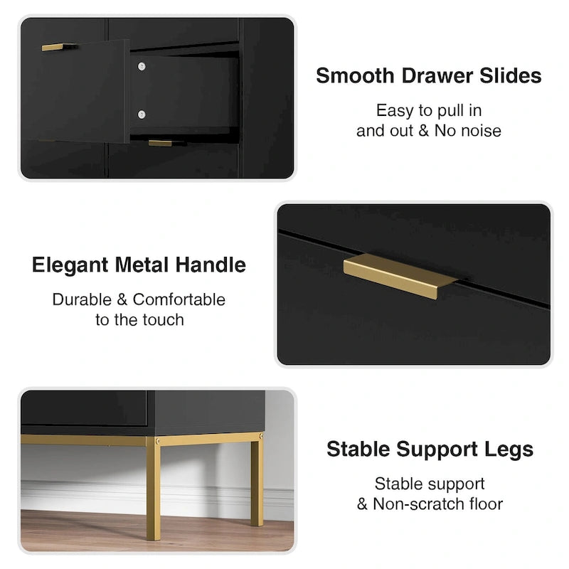 Modern 6-Drawer Dresser with Gold Metal Legs & Handles, Black Particle Board, 47" Wide Storage Chest