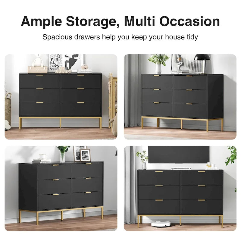 Modern 6-Drawer Dresser with Gold Metal Legs & Handles, Black Particle Board, 47" Wide Storage Chest