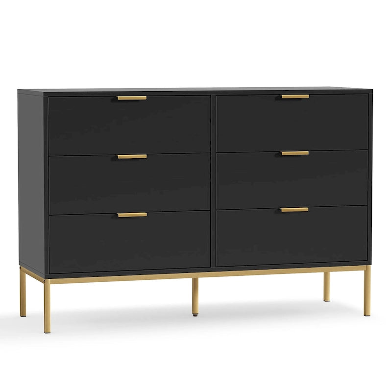 Modern 6-Drawer Dresser with Gold Metal Legs & Handles, Black Particle Board, 47" Wide Storage Chest