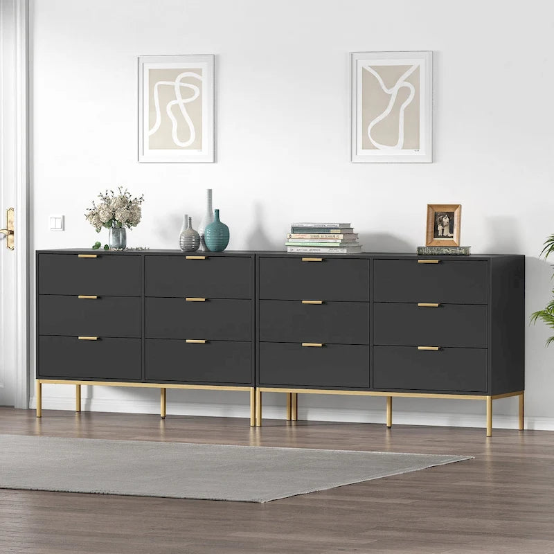 Modern 6-Drawer Dresser with Gold Metal Legs & Handles, Black Particle Board, 47" Wide Storage Chest
