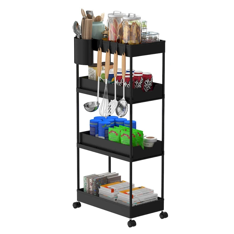 Pull-Out Corner Storage Rack with Wheels, Easy Assembly for Kitchen/Bathroom, Durable Plastic in Black/White