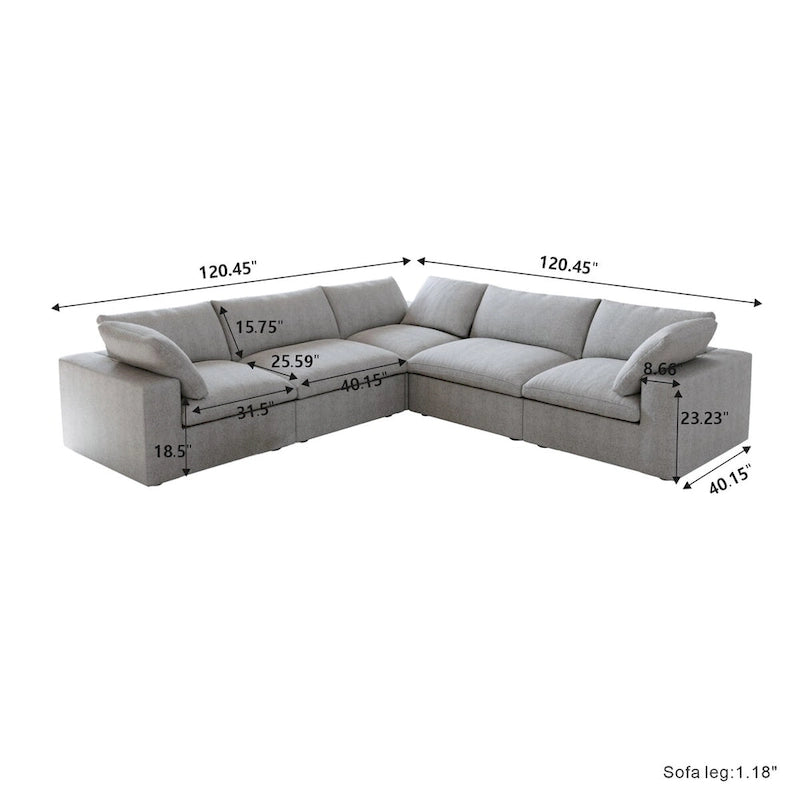 Modular Linen Sectional Sofa, L-Shape with Removable Covers & Down Cushions, Seats 5, 330 lbs Capacity
