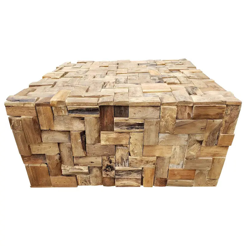 This exquisite square teak coffee table is one-of-a-kind and 100% eco-friendly. It is assembled from hundreds of pieces of recycled teak wood scraps.