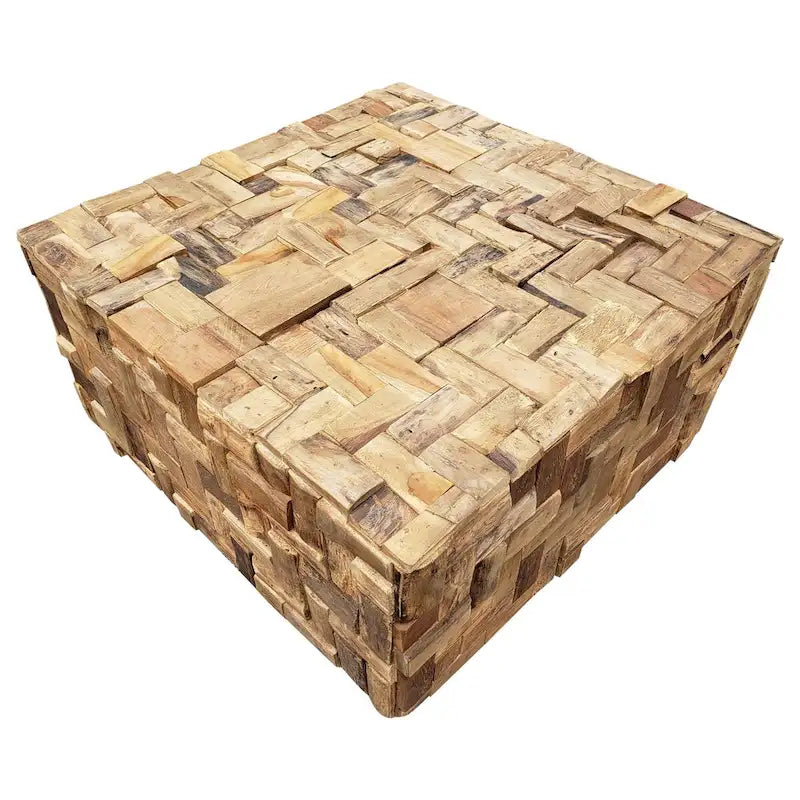This exquisite square teak coffee table is one-of-a-kind and 100% eco-friendly. It is assembled from hundreds of pieces of recycled teak wood scraps.