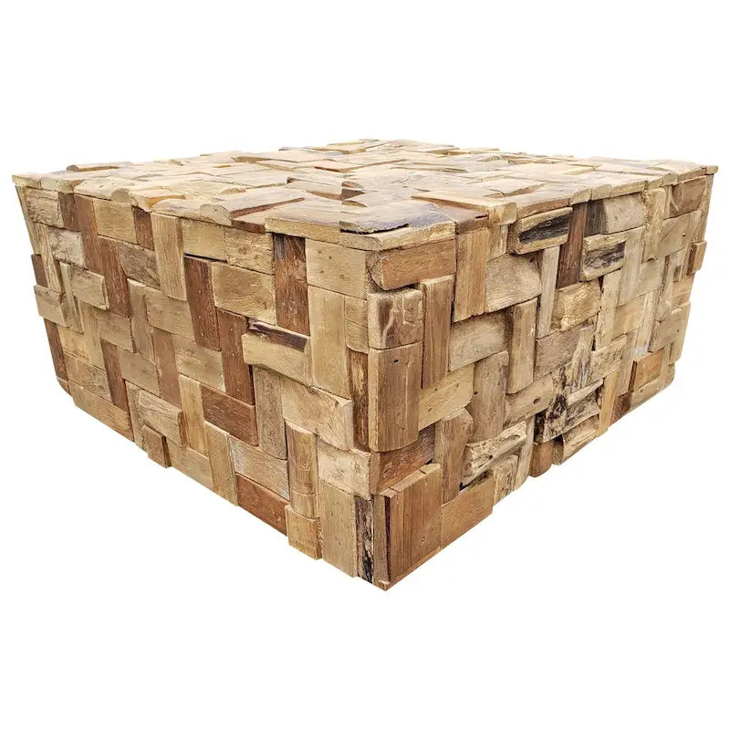 This exquisite square teak coffee table is one-of-a-kind and 100% eco-friendly. It is assembled from hundreds of pieces of recycled teak wood scraps.