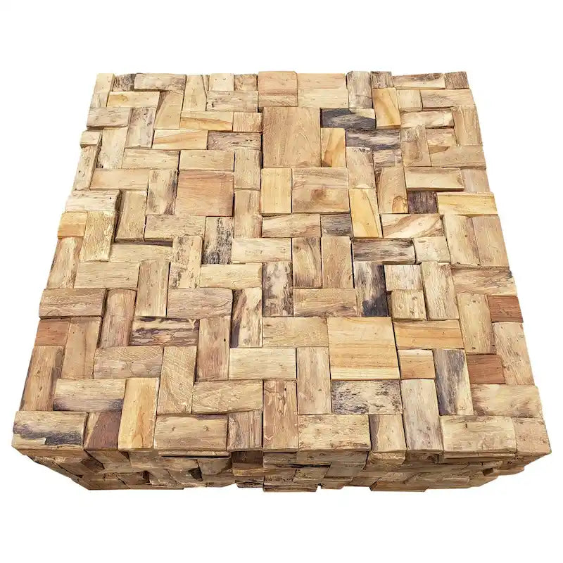 This exquisite square teak coffee table is one-of-a-kind and 100% eco-friendly. It is assembled from hundreds of pieces of recycled teak wood scraps.