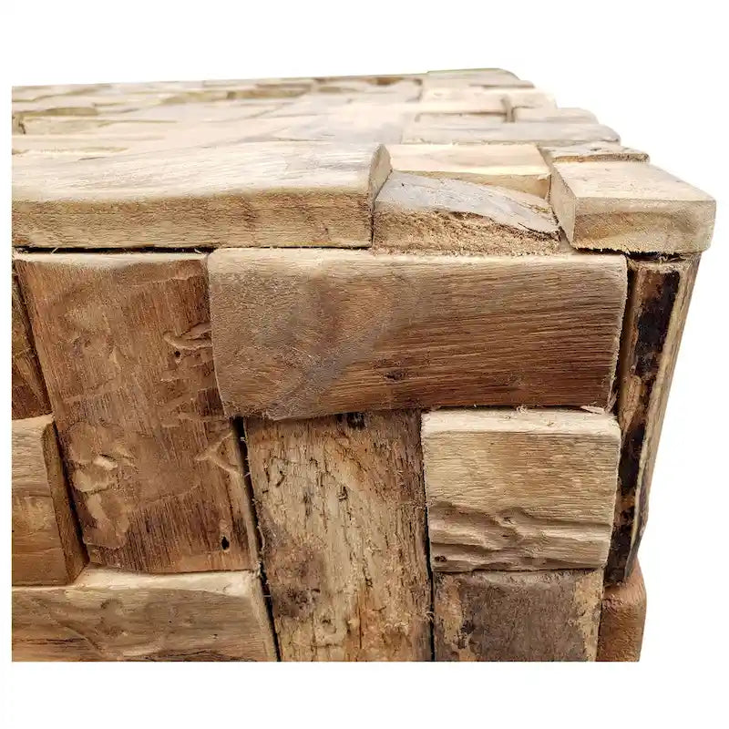 This exquisite square teak coffee table is one-of-a-kind and 100% eco-friendly. It is assembled from hundreds of pieces of recycled teak wood scraps.