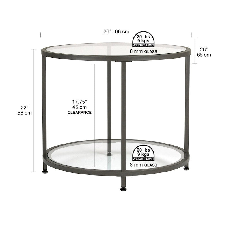 Modern Round End Table with 2 Tempered Glass Shelves & Metal Frame, Adjustable Leg Levelers, Pewter/Gold Finish