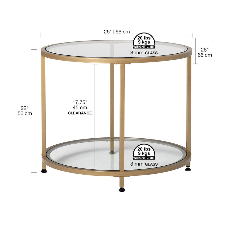 Modern Round End Table with 2 Tempered Glass Shelves & Metal Frame, Adjustable Leg Levelers, Pewter/Gold Finish