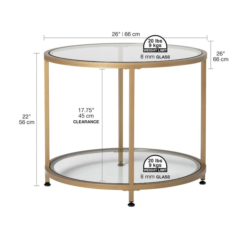 Modern Round End Table with 2 Tempered Glass Shelves & Metal Frame, Adjustable Leg Levelers, Pewter/Gold Finish