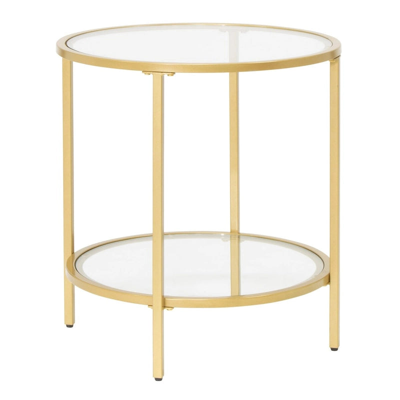 Modern Round End Table with 2 Tempered Glass Shelves & Metal Frame, Adjustable Leg Levelers, Pewter/Gold Finish