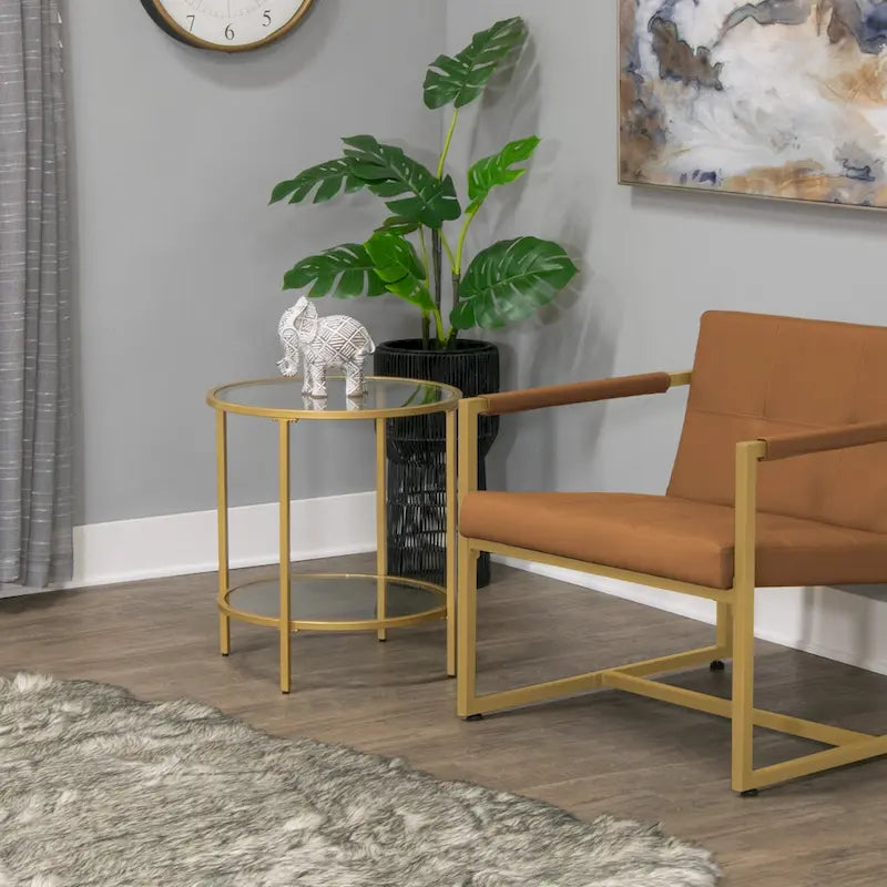 Modern Round End Table with 2 Tempered Glass Shelves & Metal Frame, Adjustable Leg Levelers, Pewter/Gold Finish