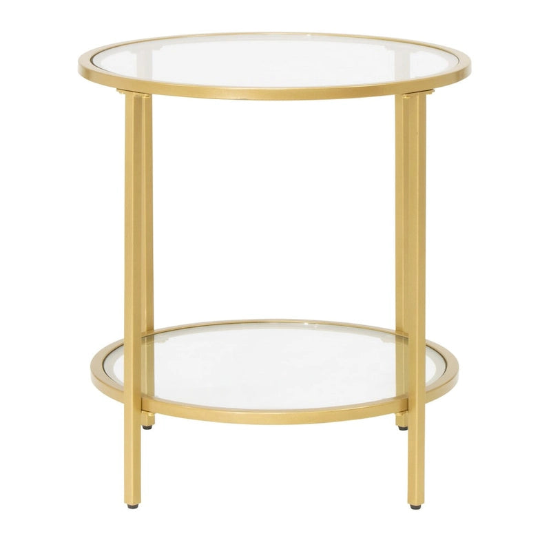 Modern Round End Table with 2 Tempered Glass Shelves & Metal Frame, Adjustable Leg Levelers, Pewter/Gold Finish