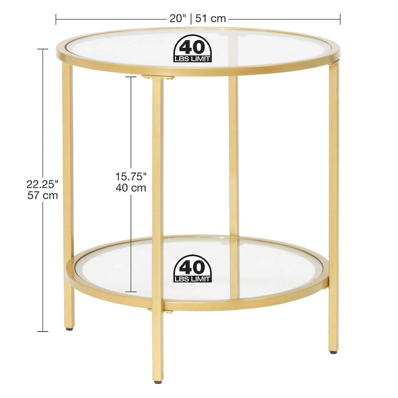 Modern Round End Table with 2 Tempered Glass Shelves & Metal Frame, Adjustable Leg Levelers, Pewter/Gold Finish