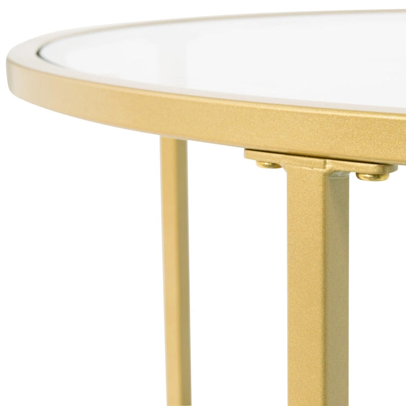 Modern Round End Table with 2 Tempered Glass Shelves & Metal Frame, Adjustable Leg Levelers, Pewter/Gold Finish