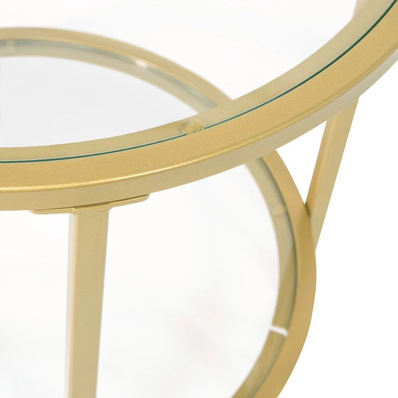 Modern Round End Table with 2 Tempered Glass Shelves & Metal Frame, Adjustable Leg Levelers, Pewter/Gold Finish
