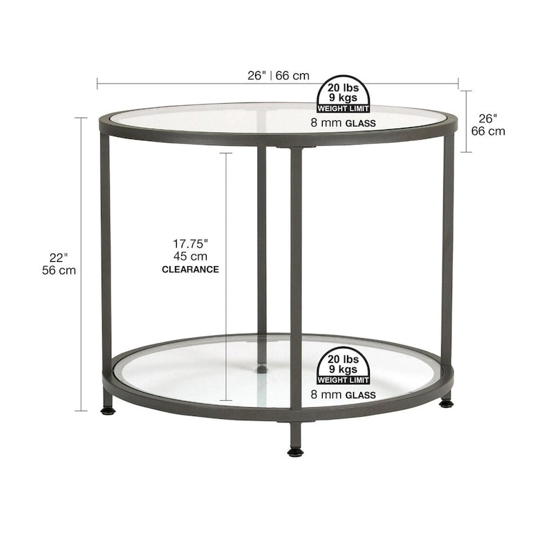 Modern Round End Table with 2 Tempered Glass Shelves & Metal Frame, Adjustable Leg Levelers, Pewter/Gold Finish