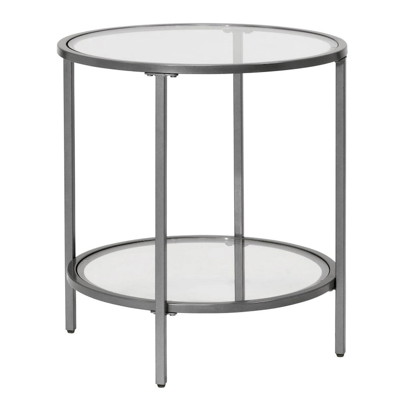 Modern Round End Table with 2 Tempered Glass Shelves & Metal Frame, Adjustable Leg Levelers, Pewter/Gold Finish