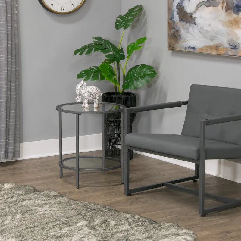 Modern Round End Table with 2 Tempered Glass Shelves & Metal Frame, Adjustable Leg Levelers, Pewter/Gold Finish