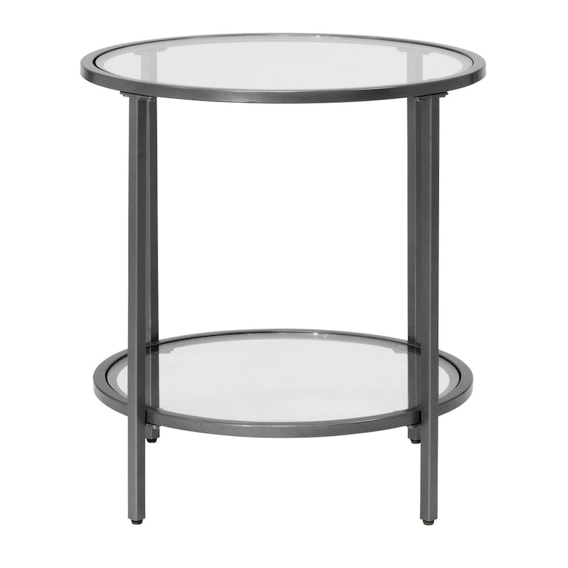 Modern Round End Table with 2 Tempered Glass Shelves & Metal Frame, Adjustable Leg Levelers, Pewter/Gold Finish