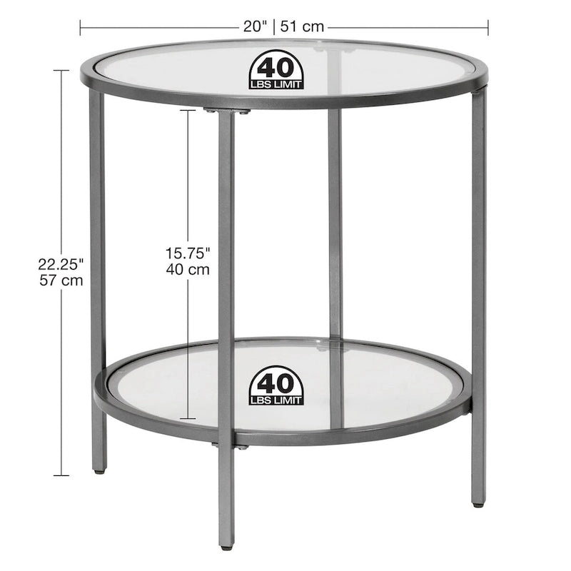 Modern Round End Table with 2 Tempered Glass Shelves & Metal Frame, Adjustable Leg Levelers, Pewter/Gold Finish