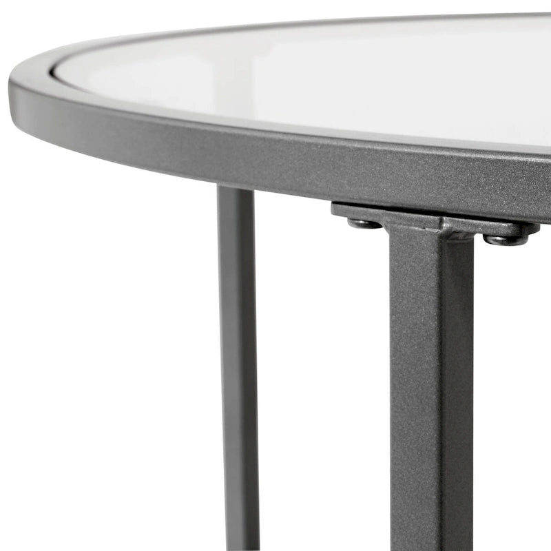 Modern Round End Table with 2 Tempered Glass Shelves & Metal Frame, Adjustable Leg Levelers, Pewter/Gold Finish