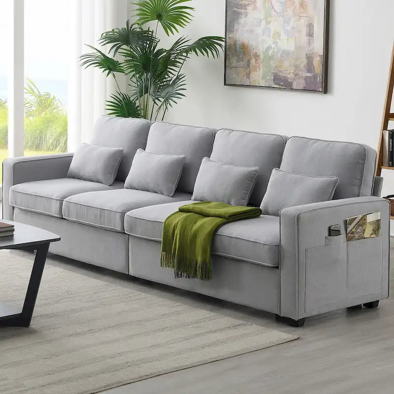 Modern Linen Fabric Sofa, 4-Seater with Removable Cushions & Storage Pockets, 330 lbs Weight Capacity