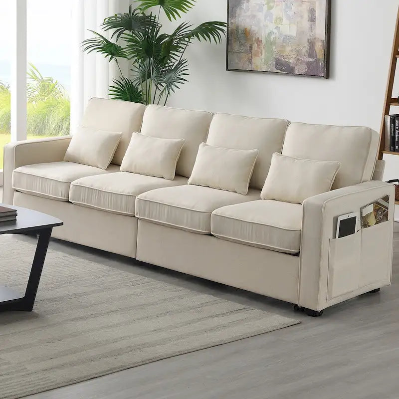 Modern Linen Fabric Sofa, 4-Seater with Removable Cushions & Storage Pockets, 330 lbs Weight Capacity