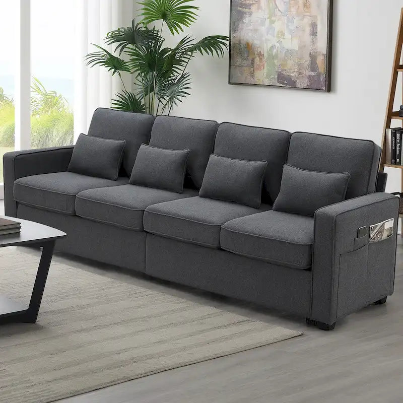 Modern Linen Fabric Sofa, 4-Seater with Removable Cushions & Storage Pockets, 330 lbs Weight Capacity