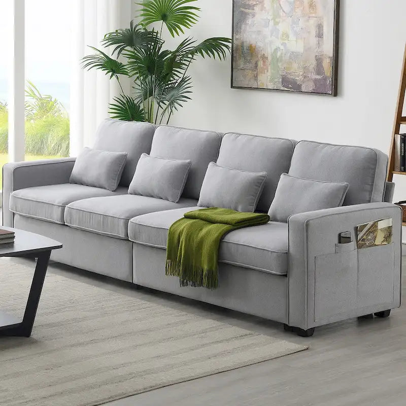 Modern Linen Fabric Sofa, 4-Seater with Removable Cushions & Storage Pockets, 330 lbs Weight Capacity