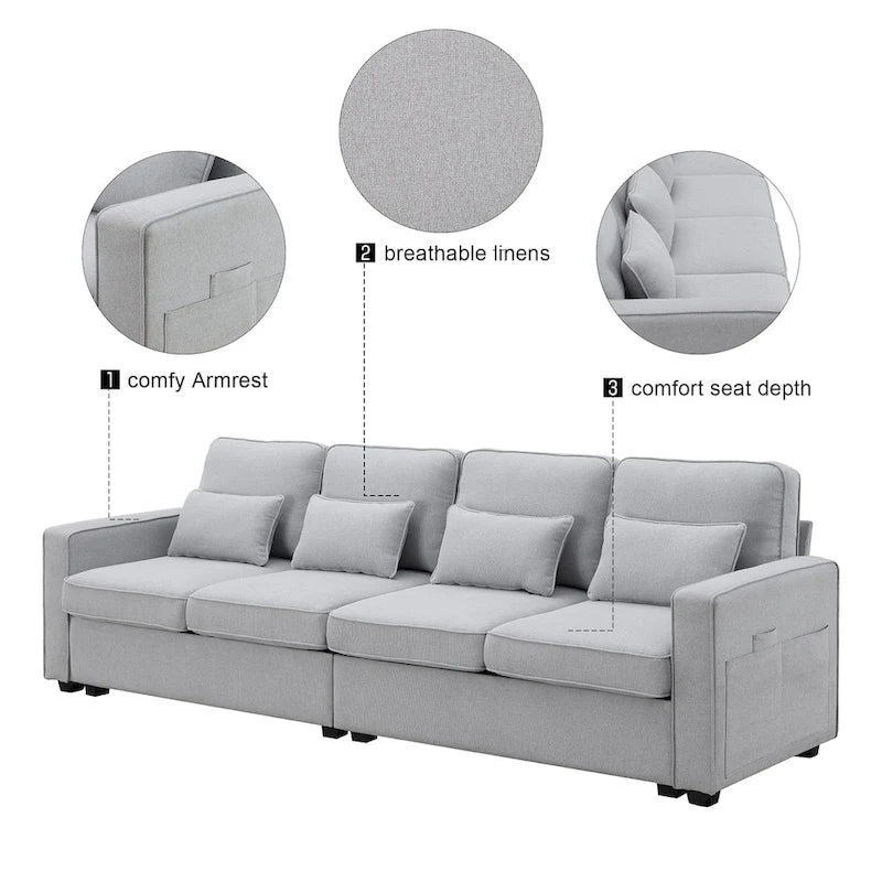 Modern Linen Fabric Sofa, 4-Seater with Removable Cushions & Storage Pockets, 330 lbs Weight Capacity
