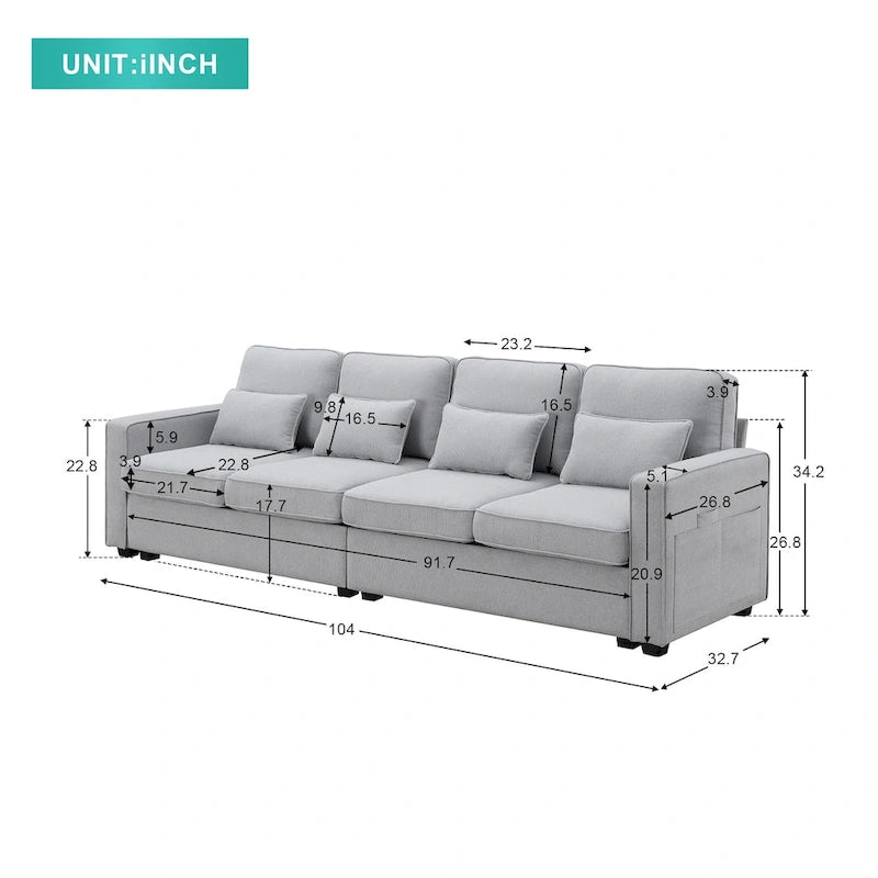 Modern Linen Fabric Sofa, 4-Seater with Removable Cushions & Storage Pockets, 330 lbs Weight Capacity