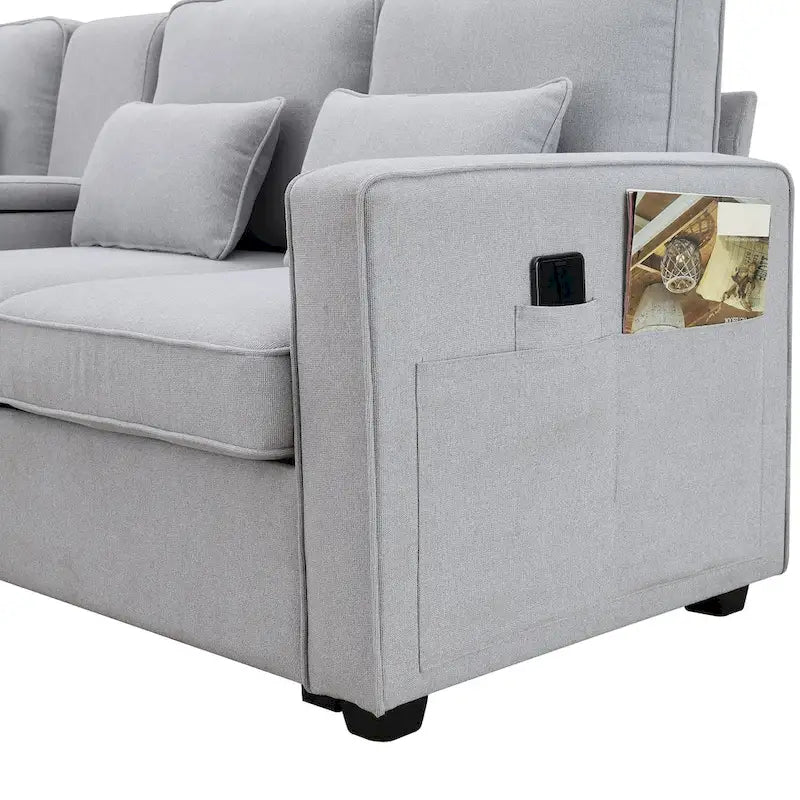 Modern Linen Fabric Sofa, 4-Seater with Removable Cushions & Storage Pockets, 330 lbs Weight Capacity