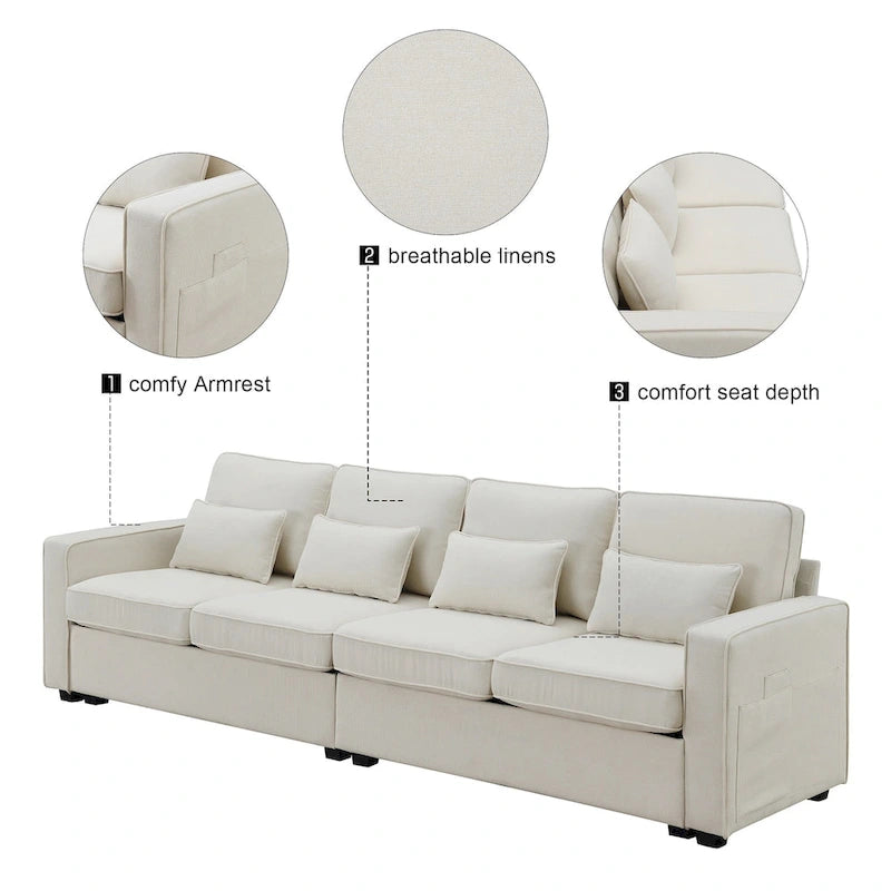 Modern Linen Fabric Sofa, 4-Seater with Removable Cushions & Storage Pockets, 330 lbs Weight Capacity