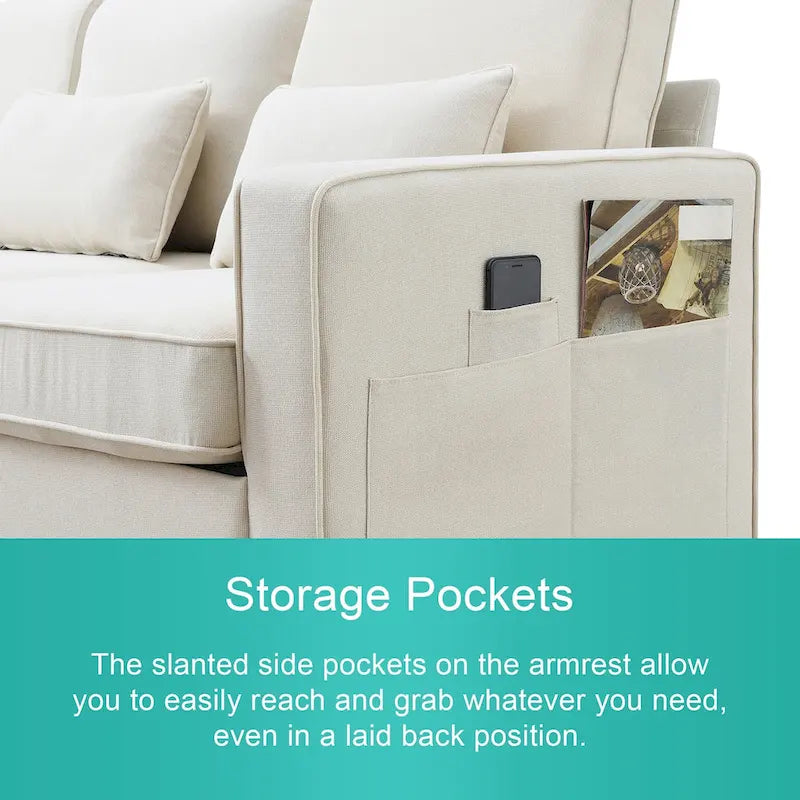 Modern Linen Fabric Sofa, 4-Seater with Removable Cushions & Storage Pockets, 330 lbs Weight Capacity