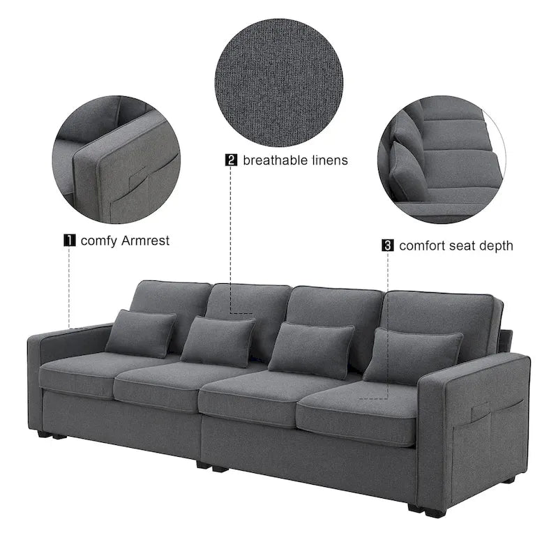 Modern Linen Fabric Sofa, 4-Seater with Removable Cushions & Storage Pockets, 330 lbs Weight Capacity