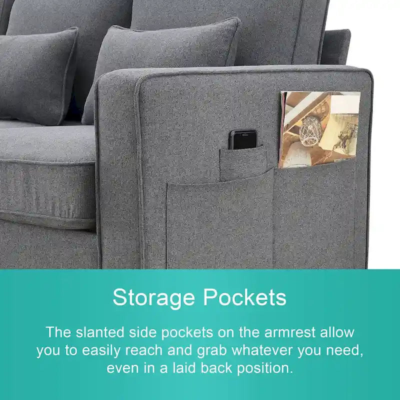 Modern Linen Fabric Sofa, 4-Seater with Removable Cushions & Storage Pockets, 330 lbs Weight Capacity