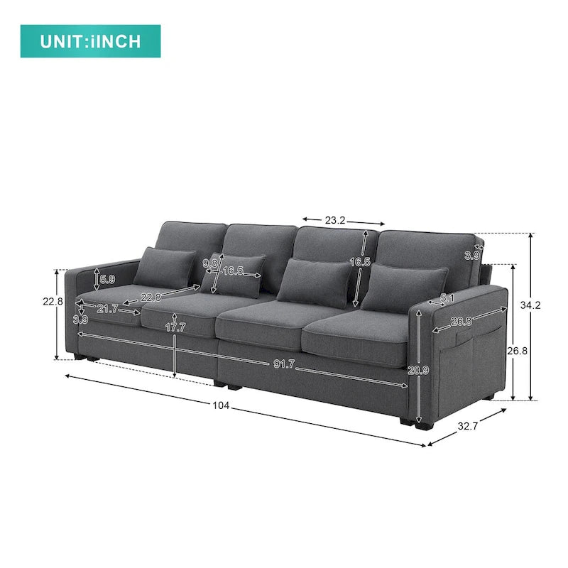 Modern Linen Fabric Sofa, 4-Seater with Removable Cushions & Storage Pockets, 330 lbs Weight Capacity
