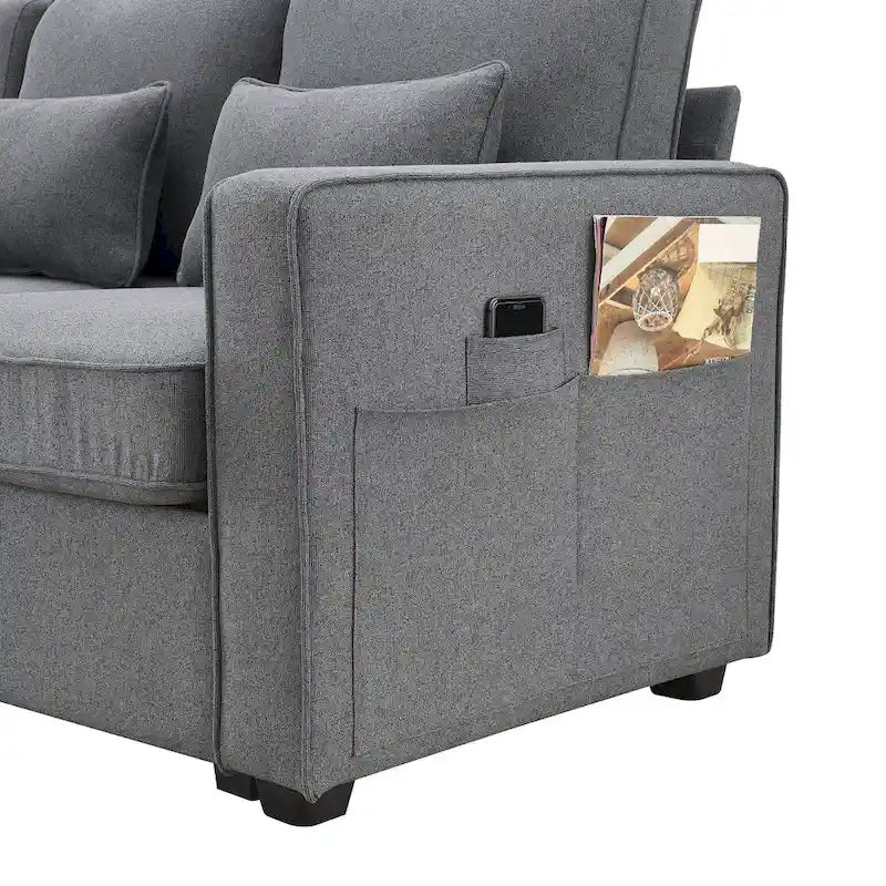 Modern Linen Fabric Sofa, 4-Seater with Removable Cushions & Storage Pockets, 330 lbs Weight Capacity