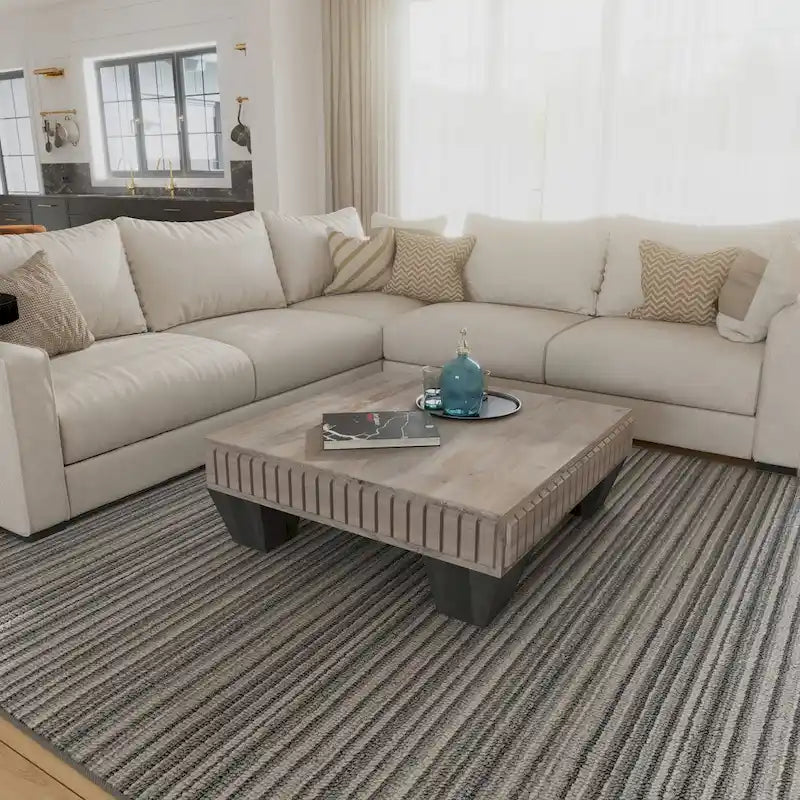 Handcrafted Solid Mango Wood Coffee Table, 36 Inch Square Sandblasted Gray Finish with Ribbed Carving