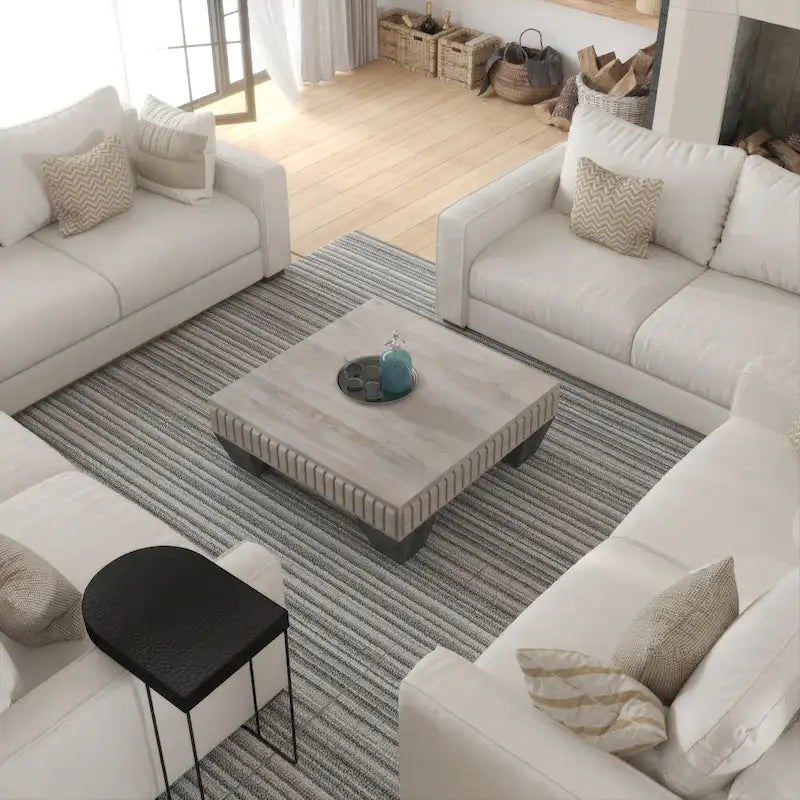 Handcrafted Solid Mango Wood Coffee Table, 36 Inch Square Sandblasted Gray Finish with Ribbed Carving