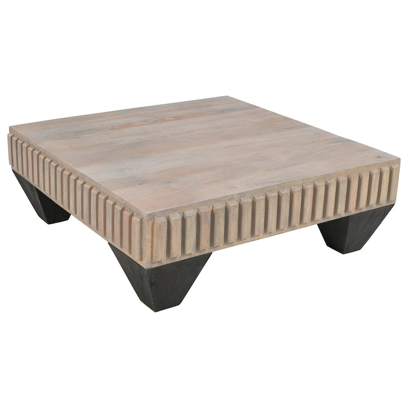 Handcrafted Solid Mango Wood Coffee Table, 36 Inch Square Sandblasted Gray Finish with Ribbed Carving